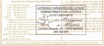 Reverso del d&eacute;cimo 03692 con el sello de la Administraci&oacute;n n&ordm; 3, en Mieres